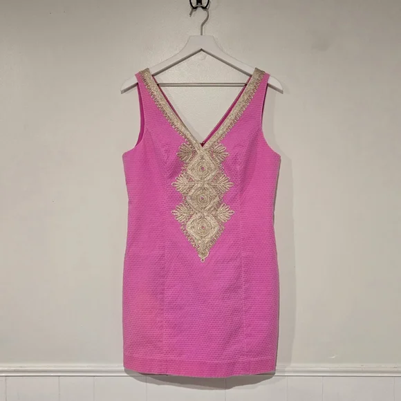 Lilly Pulitzer Junie Shift Mini Dress Berry Sangria Pink Gold Cotton Size 10 - Picture 2 of 8
